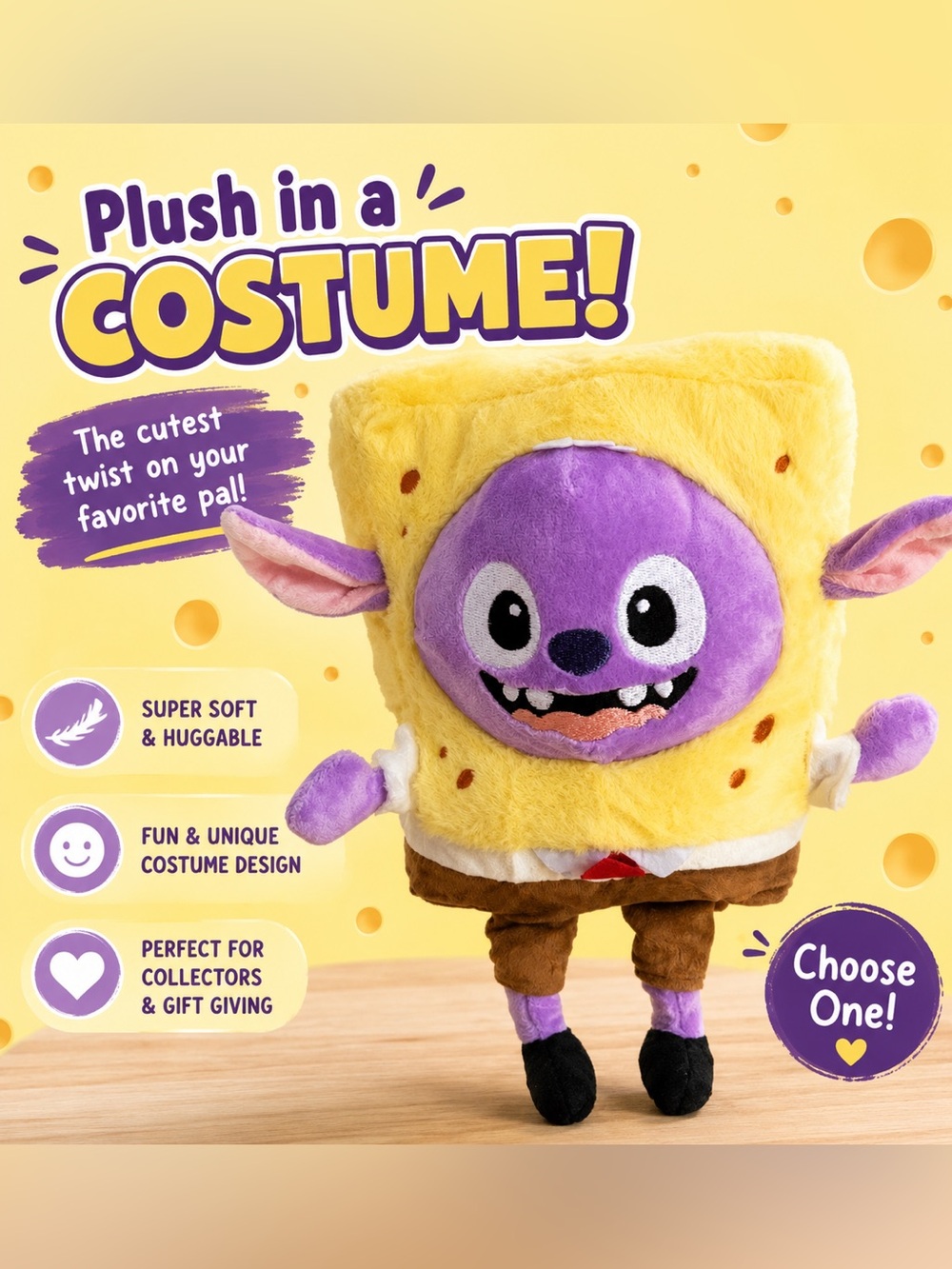 Purple Plush Character in Yellow Sponge Costume